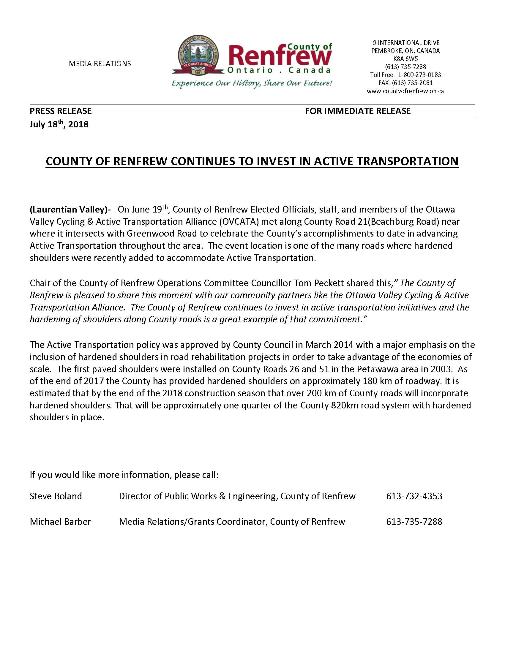 Press Release Active Transportation Announcement Township of McNab